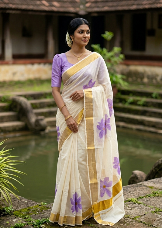 Southloom Cotton Kerala Kasavu Saree with Floral Digital Print on Body in Lavender