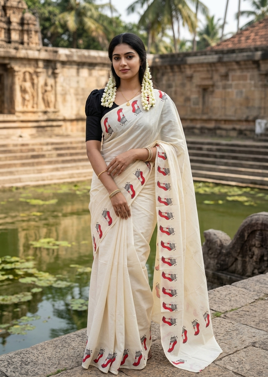 Southloom Cotton Kerala Kasavu Saree with Digital Print on Borders SL477