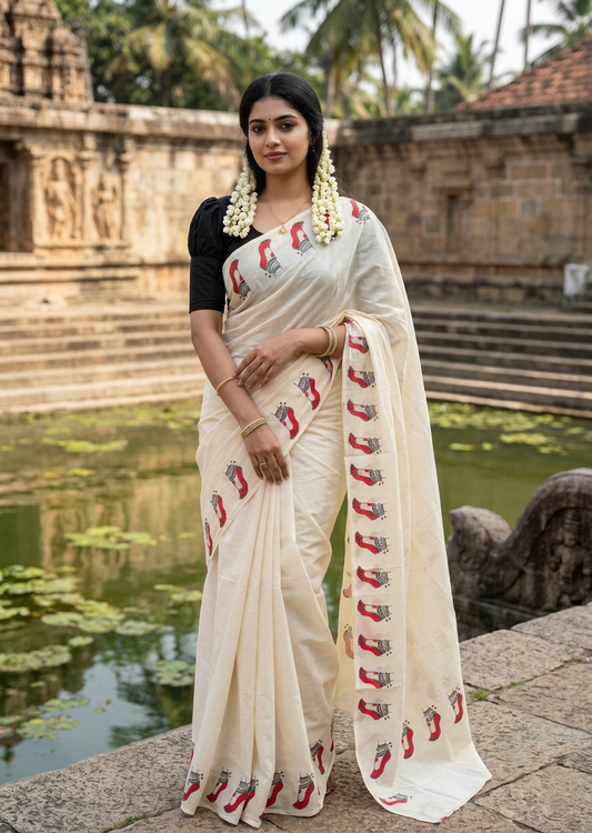 Southloom Cotton Kerala Kasavu Saree with Digital Print on Borders