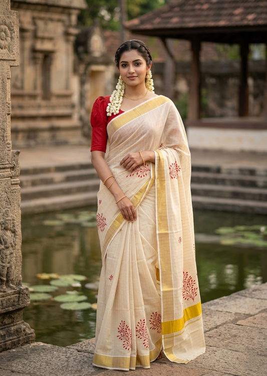 Southloom Kerala Tissue Kasavu Lines Saree with Red Floral Embroidery Design on Body