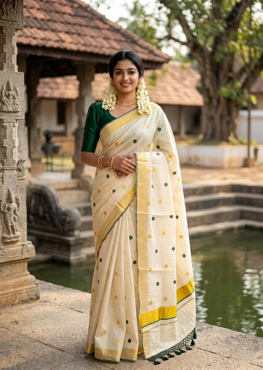 Southloom Kerala Tissue Kasavu Saree with Gold Polka Embroidery Works on Body in Green
