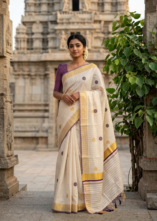 Kerala Tissue Lines Saree With Floral Embroidery Work on The Body In Purple SL312