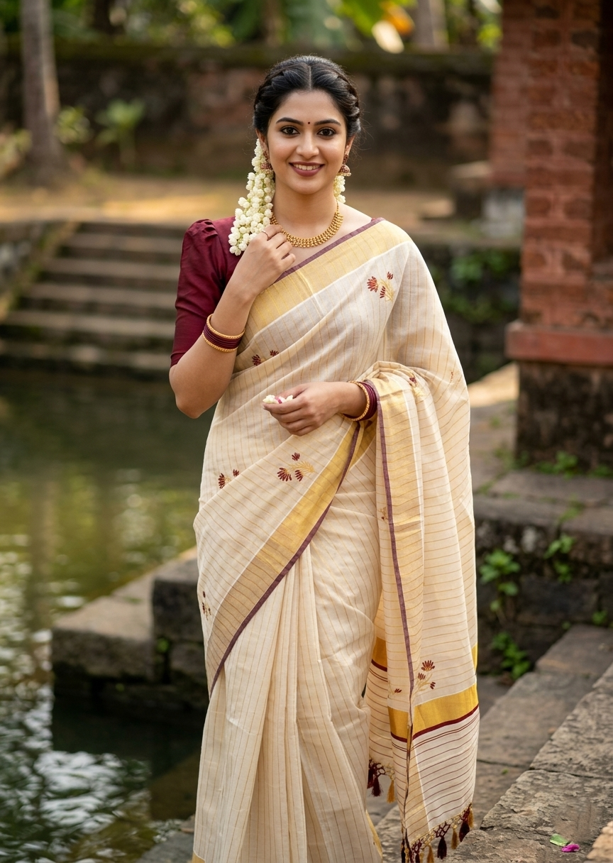 Kerala Tissue Saree With Maroon  Floral Embroidery Design In SL249