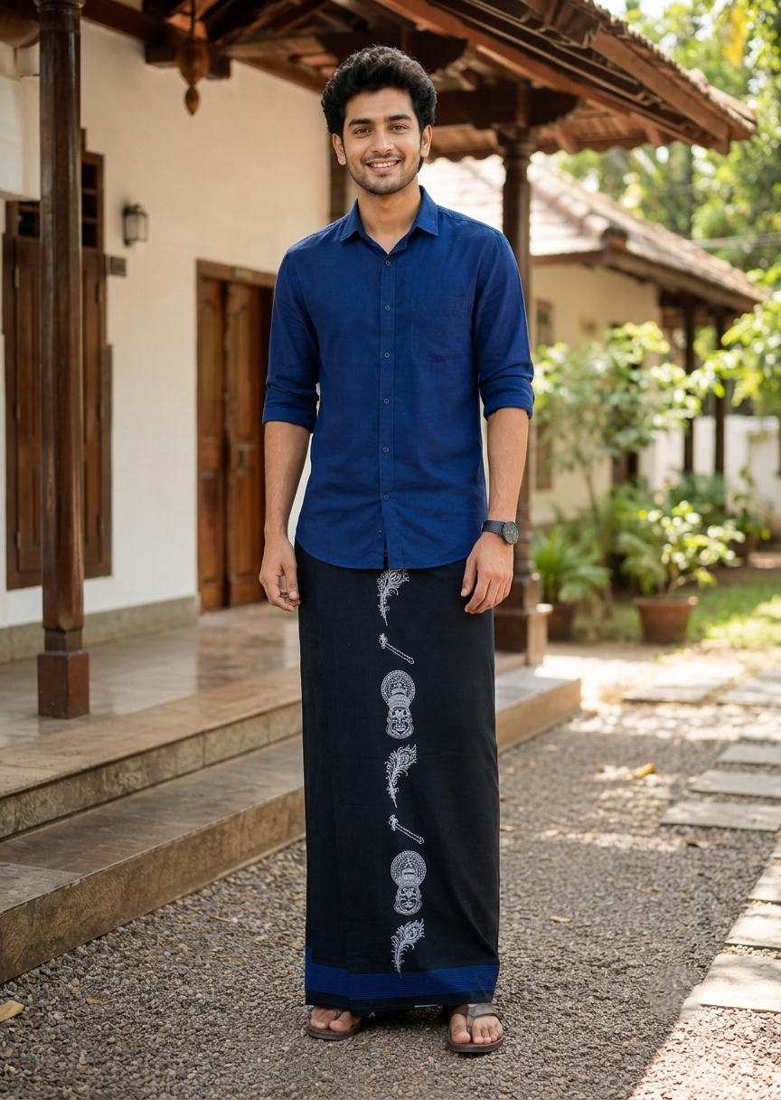 Southloom Black Printed Single Mundu / Otta Mundu / Lungi (South Indian Kerala Dhoti) SL319