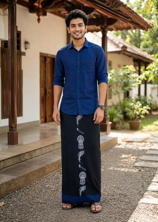 Southloom Black Printed Single Mundu / Otta Mundu / Lungi (South Indian Kerala Dhoti)