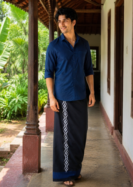 Southloom Black Printed Single Mundu / Otta Mundu / Lungi (South Indian Kerala Dhoti)