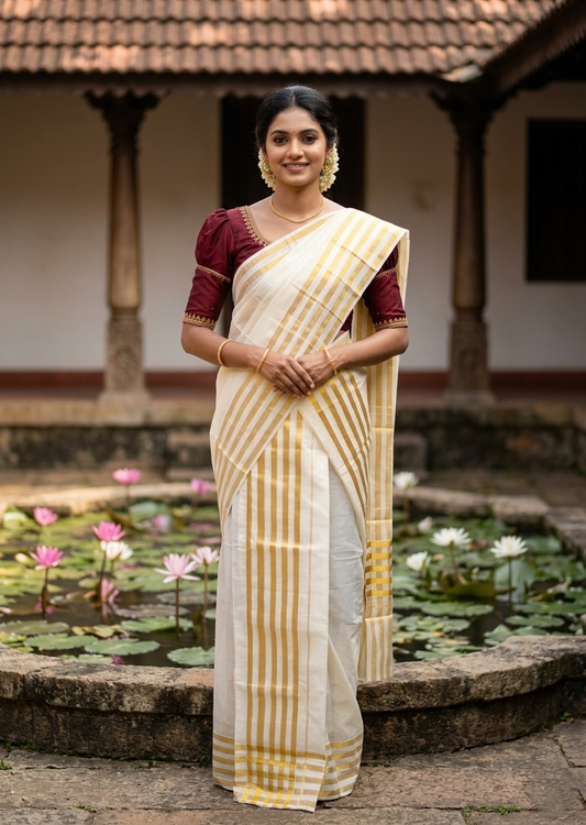 Kerala Cotton Plain Single Set Mundu (Mundum Neriyathum) with Golden Stripes on Border in 2.80 Mtrs SL400