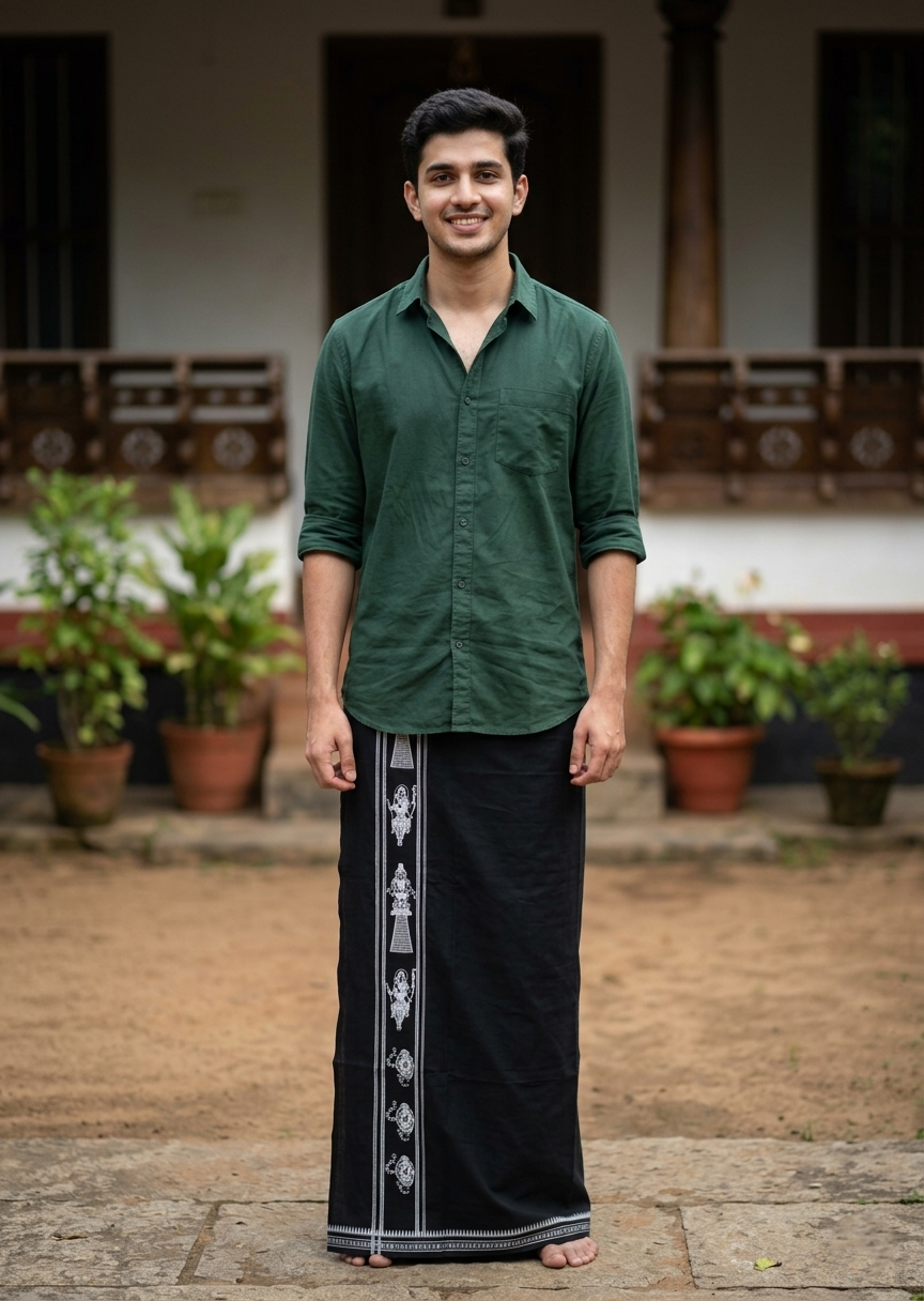 Southloom Black Printed Single Mundu / Otta Mundu / Lungi (South Indian Kerala Dhoti) SL319
