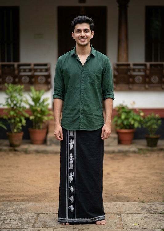 Southloom Black Printed Single Mundu / Otta Mundu / Lungi (South Indian Kerala Dhoti)