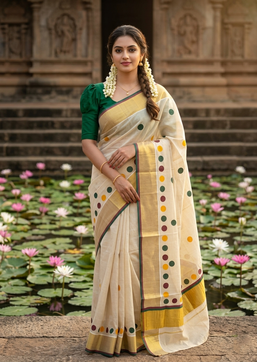 Southloom Kerala Tissue Kasavu Saree with Polka Dots on Body in Green and Maroon SL429