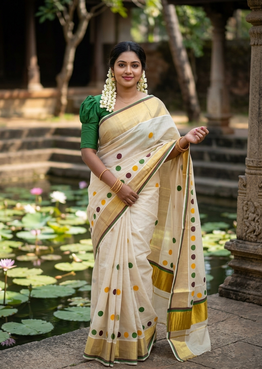 Southloom Kerala Tissue Kasavu Saree with Polka Dots on Body in Green and Brown SL429