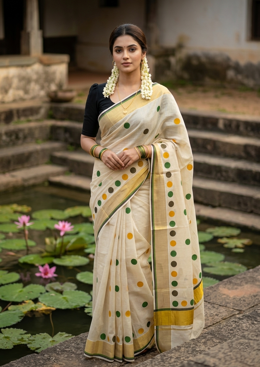 Southloom Kerala Tissue Kasavu Saree with Polka Dots on Body in Green and Black SL429