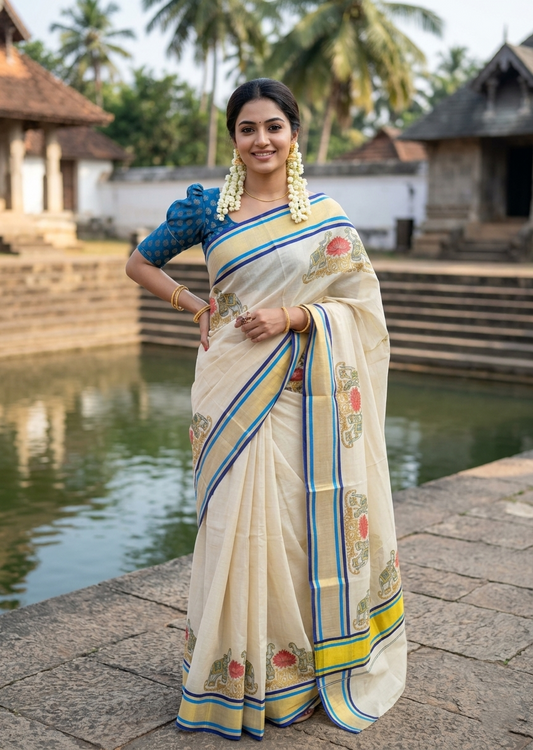 Southloom Kerala Tissue Kasavu Saree with Elephant and Lotus Digital Prints on Border SL428