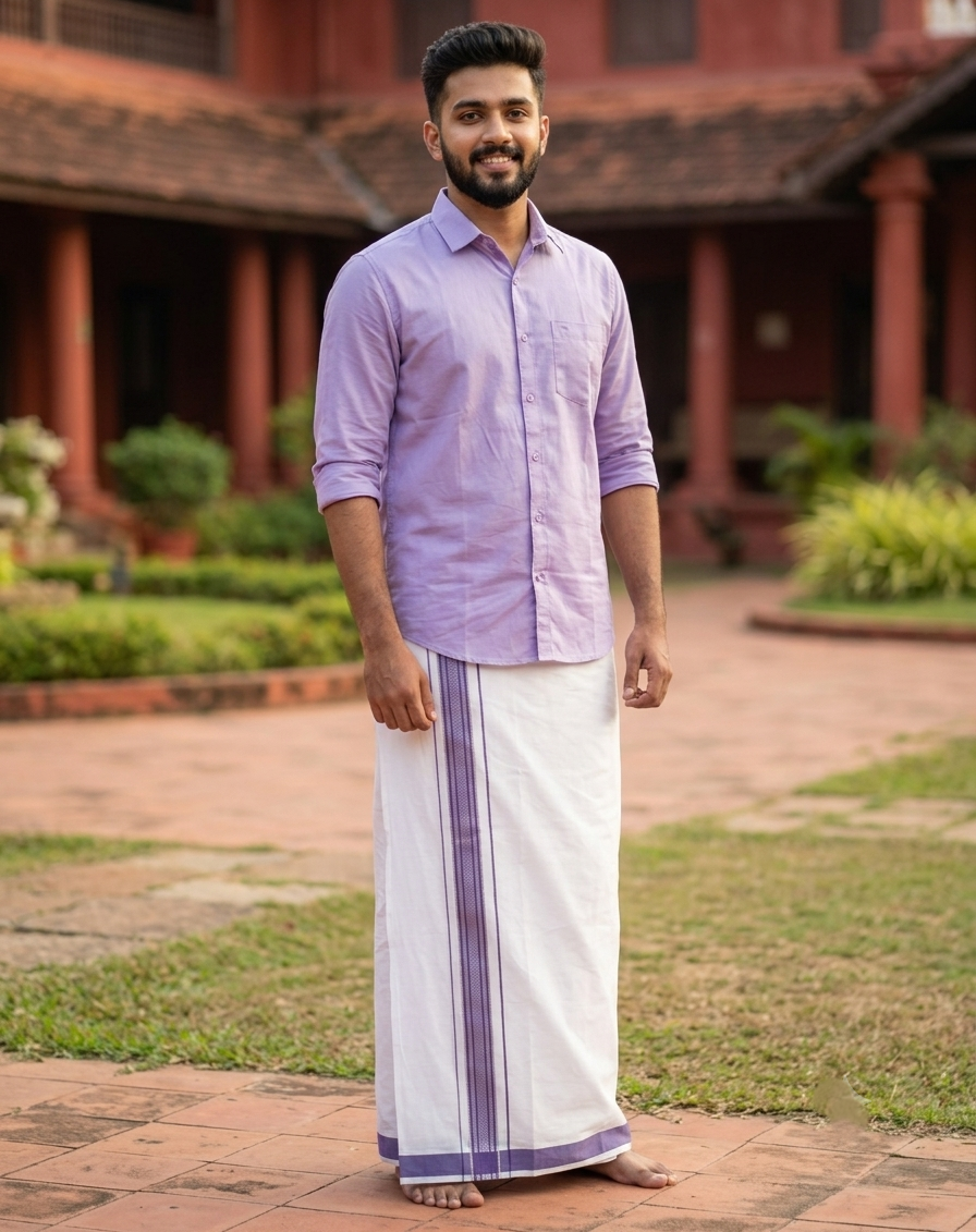 Southloom Pure White Cotton Single Mundu with Silver Line & Lavender Border (South Indian Kerala Dhoti)