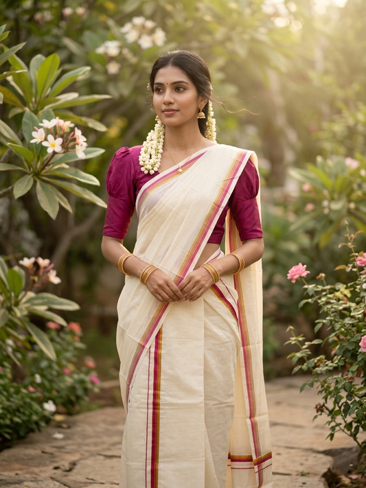 Pure Cotton Kerala Single Set Mundu (Mundum Neriyathum) with Magenta Kasavu Border in 2.80 Mtrs