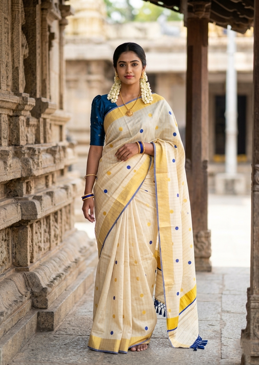 Southloom Kerala Tissue Kasavu Saree with Gold Polka Embroidery Works on Body in Blue