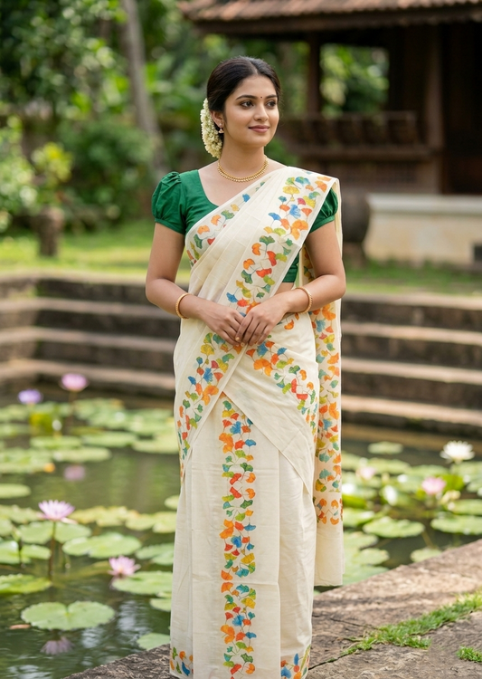 Southloom Cotton Single Set Mundu (Mundu Neriyathum) With Multicolour Leaf Digital Print 2.80 Mtrs SL439