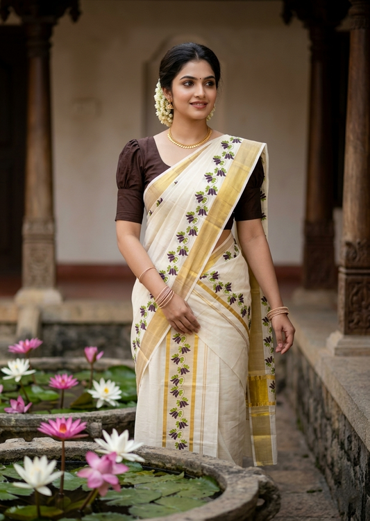 Southloom Cotton Single Set Mundu (Mundu Neriyathum) With Floral Digital Print in Brown 2.80 Mtrs SL435