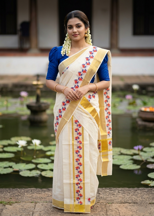 Southloom Cotton Single Set Mundu (Mundu Neriyathum) With Floral Digital Print in Orange 2.80 Mtrs SL435