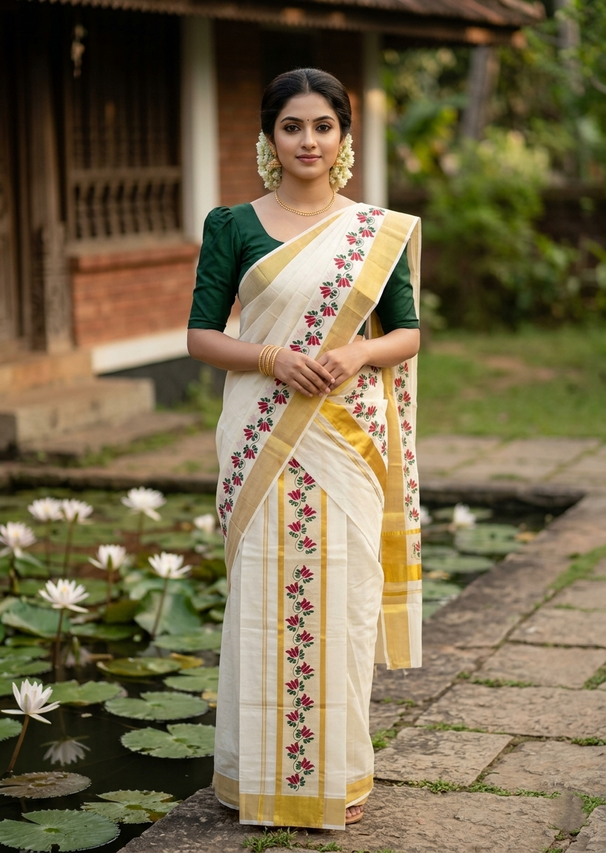Southloom Cotton Single Set Mundu (Mundu Neriyathum) With Floral Digital Print in Maroon 2.80 Mtrs SL435
