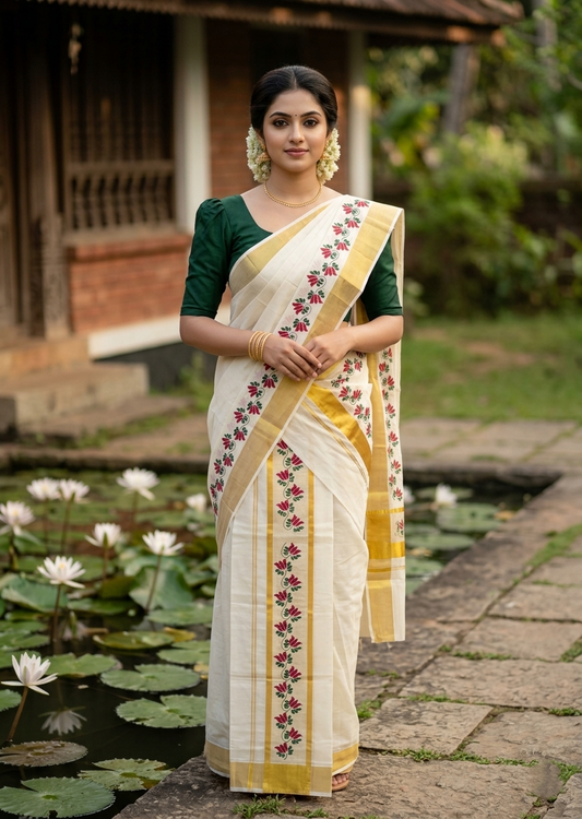 Southloom Cotton Single Set Mundu (Mundu Neriyathum) With Floral Digital Print in Maroon 2.80 Mtrs SL435