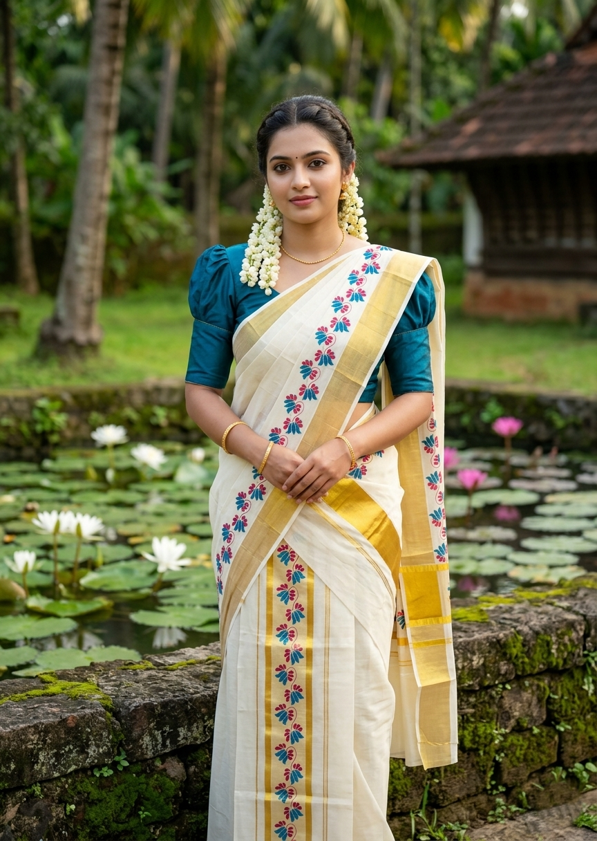 Southloom Cotton Single Set Mundu (Mundu Neriyathum) With Floral Digital Print in Peacock Blue 2.80 Mtrs SL435