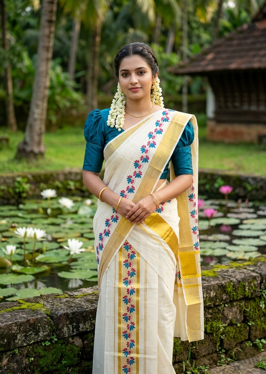 Southloom Cotton Single Set Mundu (Mundu Neriyathum) With Floral Digital Print in Peacock Blue 2.80 Mtrs SL435