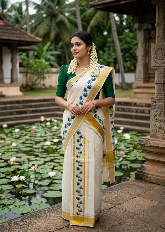 Southloom Cotton Single Set Mundu (Mundu Neriyathum) With Floral Digital Print in Blue 2.80 Mtrs SL435