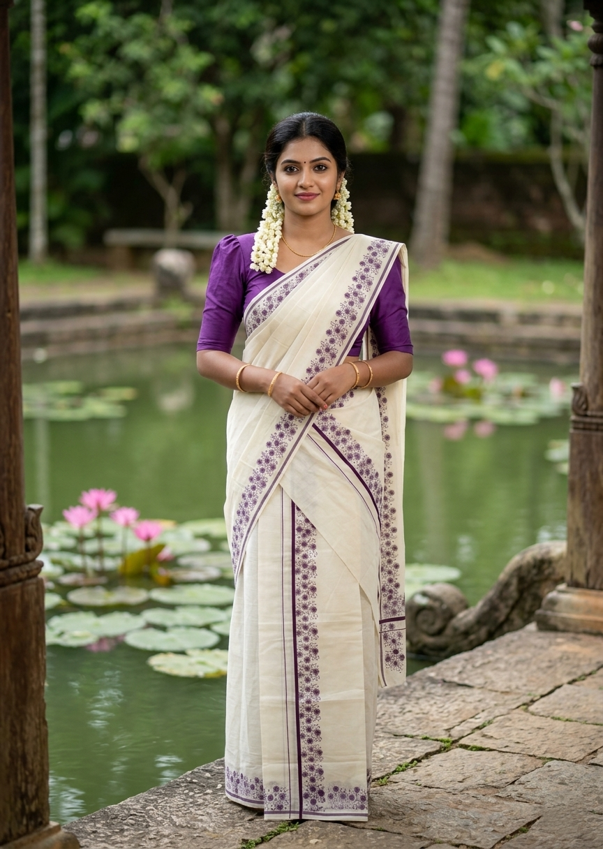 Southloom Cotton Single Set Mundu (Mundu Neriyathum) With Floral Digital Print in Purple 2.80 Mtrs SL440