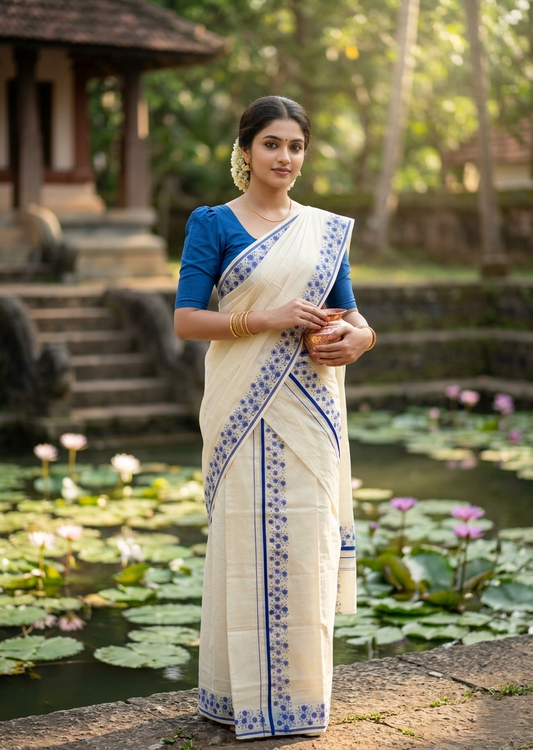 Southloom Cotton Single Set Mundu (Mundu Neriyathum) With Floral Digital Print in Blue 2.80 Mtrs SL440