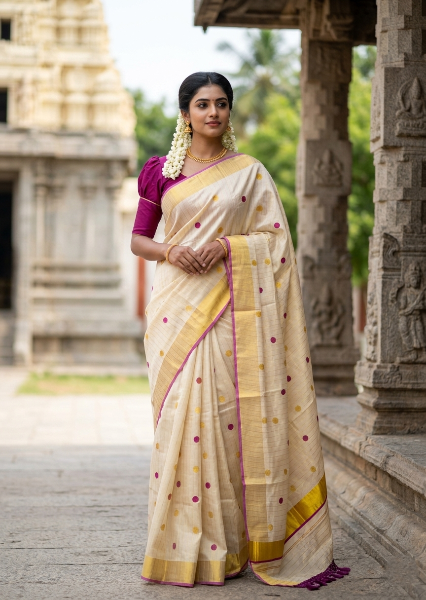 Southloom Kerala Tissue Kasavu Saree with Gold Polka Embroidery Works on Body in Magenta