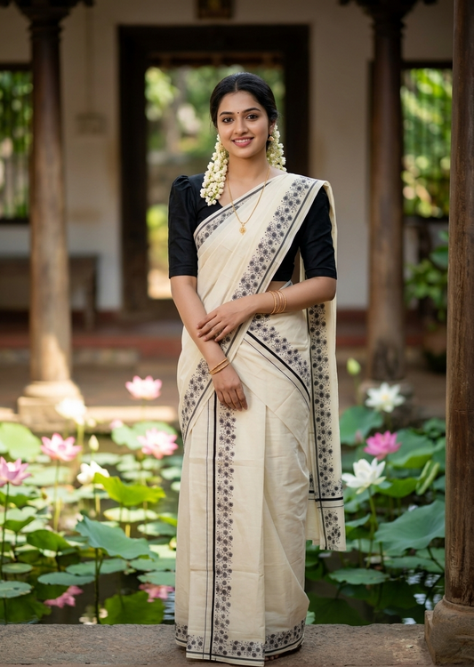 Southloom Cotton Single Set Mundu (Mundu Neriyathum) With Floral Digital Print in Black 2.80 Mtrs SL440