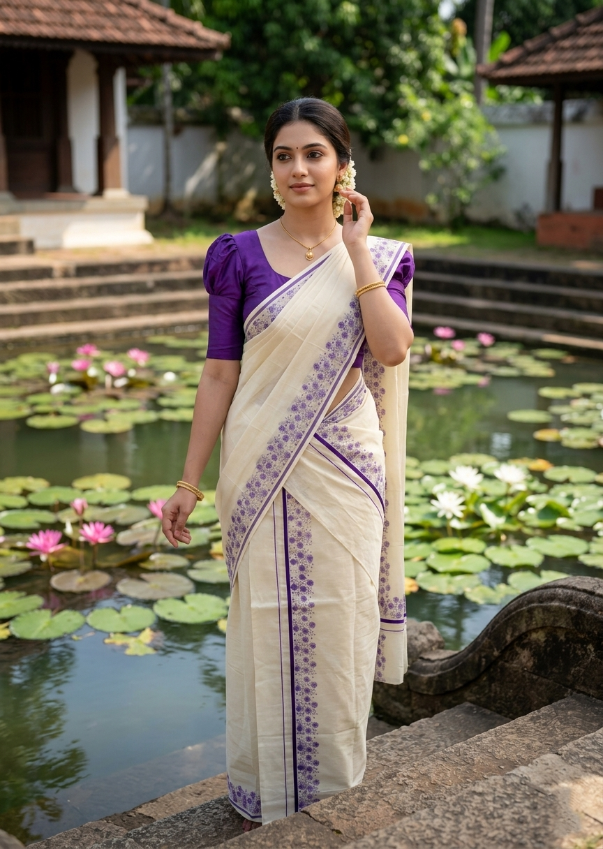 Southloom Cotton Single Set Mundu (Mundu Neriyathum) With Floral Digital Print in Violet 2.80 Mtrs SL440