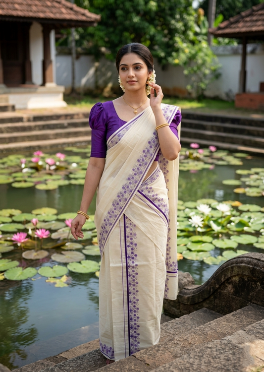 Southloom Cotton Single Set Mundu (Mundu Neriyathum) With Floral Digital Print in Violet 2.80 Mtrs SL440