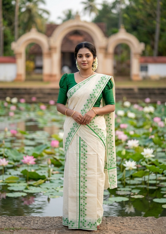 Southloom Cotton Single Set Mundu (Mundu Neriyathum) With Floral Digital Print in Green 2.80 Mtrs SL440