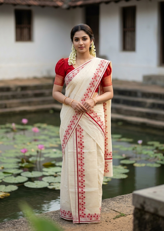 Southloom Cotton Single Set Mundu (Mundu Neriyathum) With Floral Digital Print in Red 2.80 Mtrs SL440