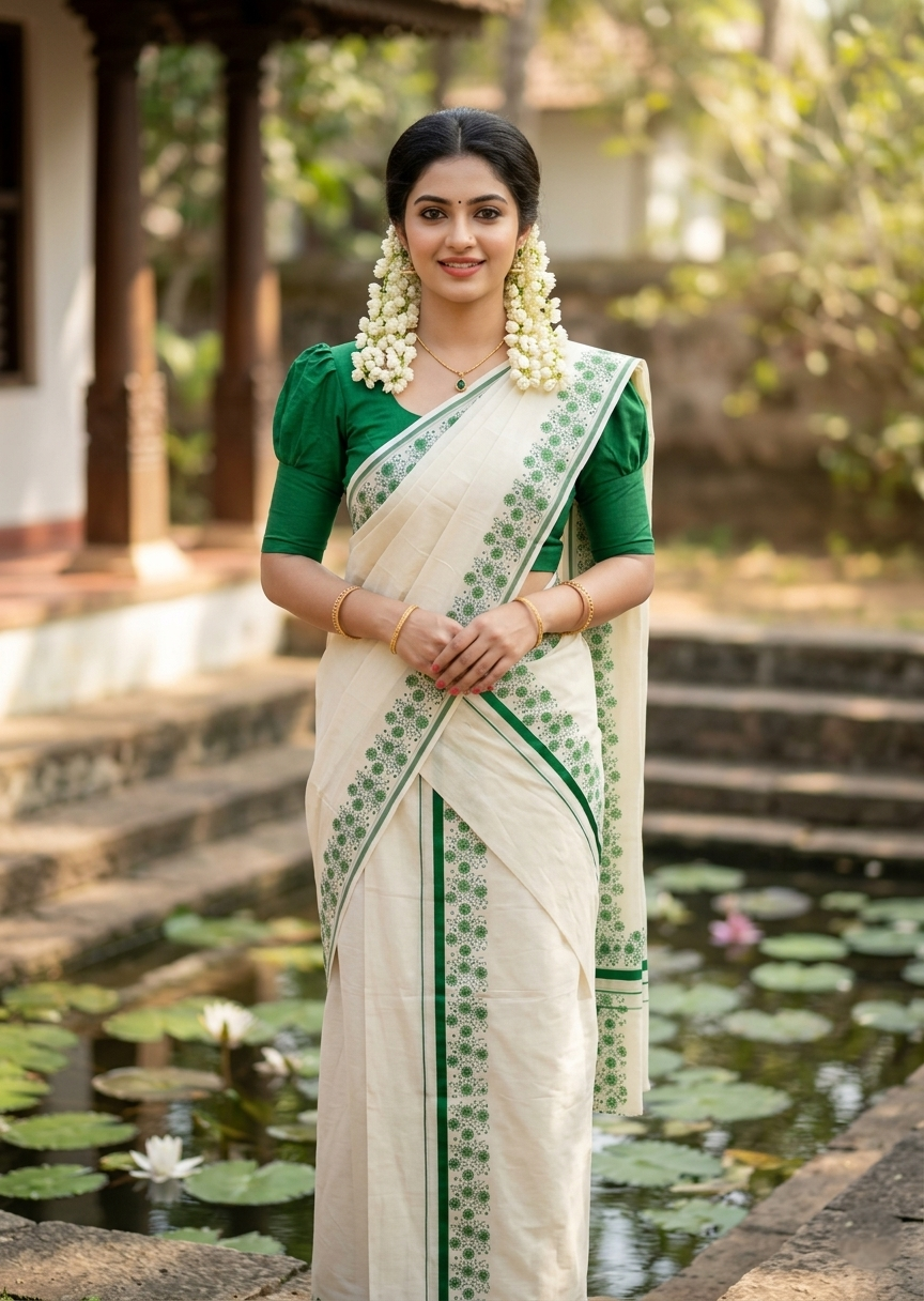 Southloom Cotton Single Set Mundu (Mundu Neriyathum) With Floral Digital Print in Green 2.80 Mtrs SL440