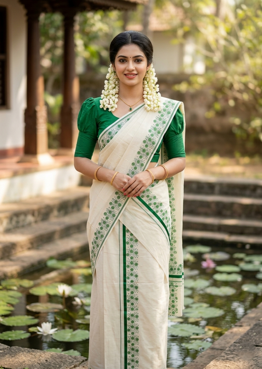 Southloom Cotton Single Set Mundu (Mundu Neriyathum) With Floral Digital Print in Green 2.80 Mtrs SL440