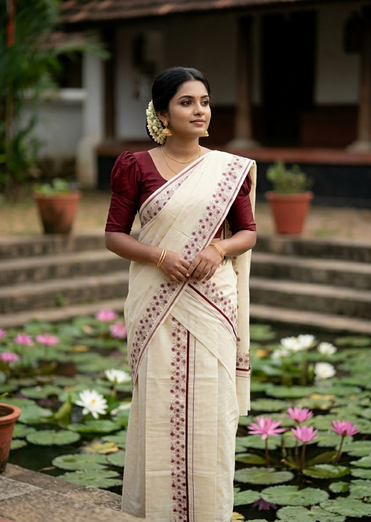 Southloom Cotton Single Set Mundu (Mundu Neriyathum) With Floral Digital Print in Maroon 2.80 Mtrs SL440