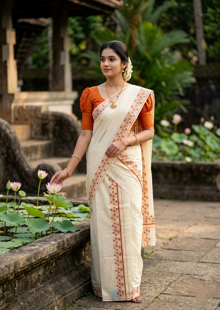 Southloom Cotton Single Set Mundu (Mundu Neriyathum) With Floral Digital Print in Saffron 2.80 Mtrs SL440