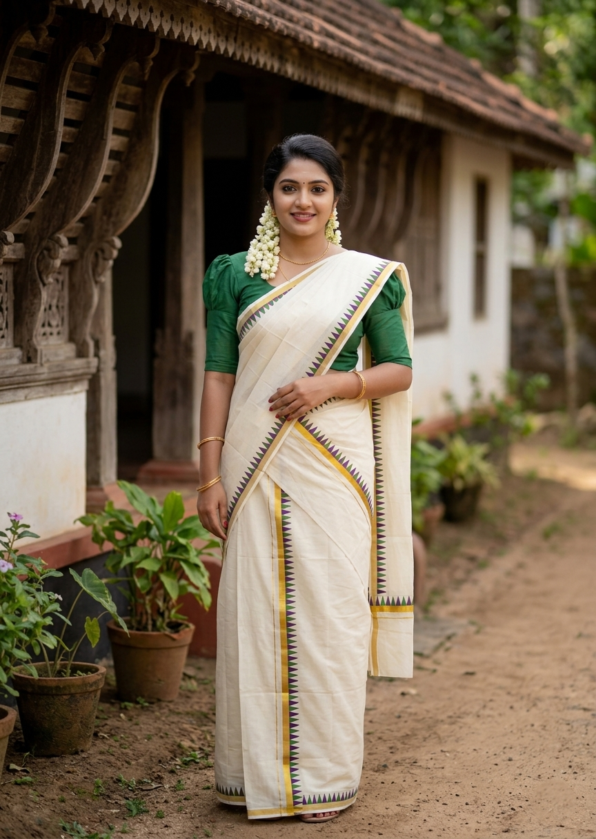 Southloom Cotton Single Kasavu Set Mundu (Mundu Neriyathum) With Violet and Green Temple Border 2.80 Mtrs SL442