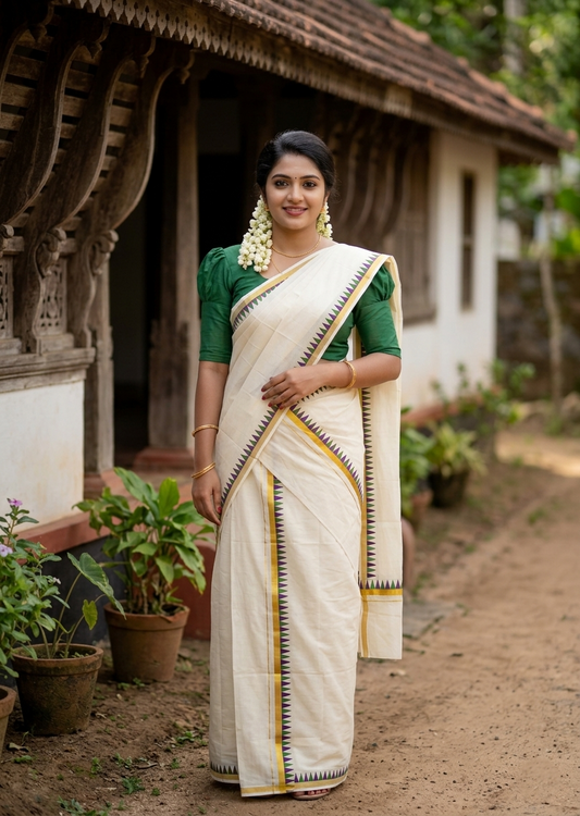 Southloom Cotton Single Kasavu Set Mundu (Mundu Neriyathum) With Violet and Green Temple Border 2.80 Mtrs SL442