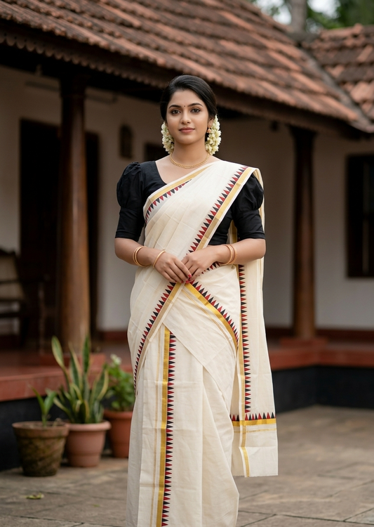Southloom Cotton Single Kasavu Set Mundu (Mundu Neriyathum) With Red and Black Temple Border 2.80 Mtrs SL442