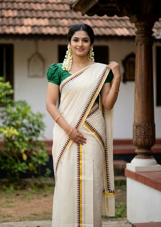 Southloom Cotton Single Kasavu Set Mundu (Mundu Neriyathum) With Maroon and Green Temple Border 2.80 Mtrs SL442