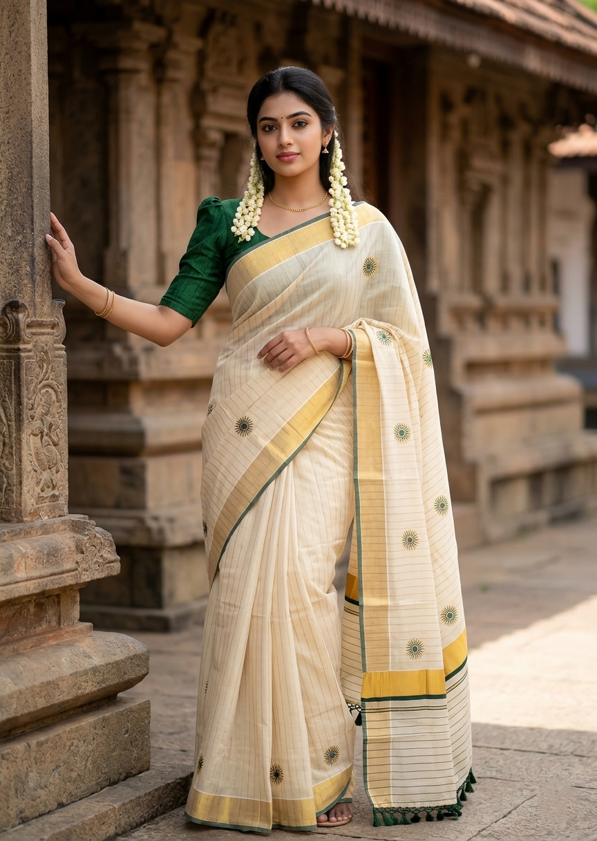Southloom Kerala Tissue Kasavu Saree with Embroidery Works on Body in Green