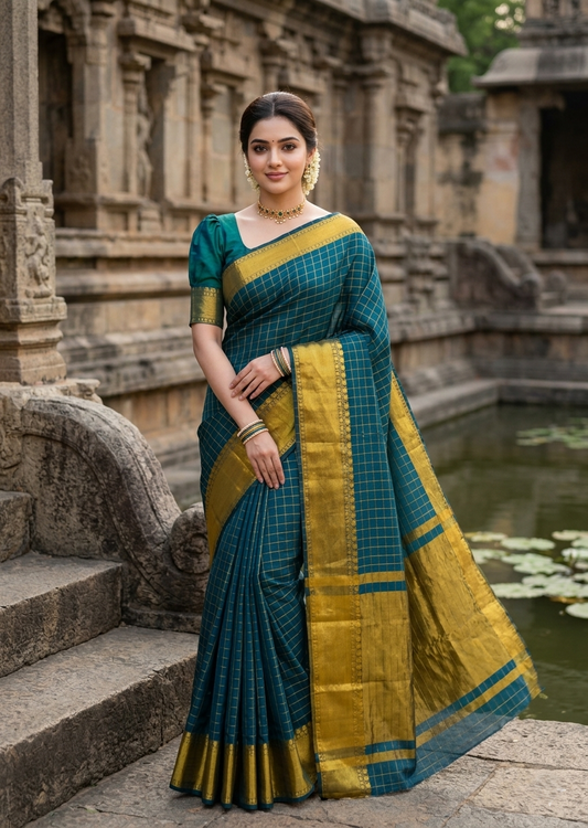 Southloom Kerala Semi Silk Saree With Check Design In Peacock Green