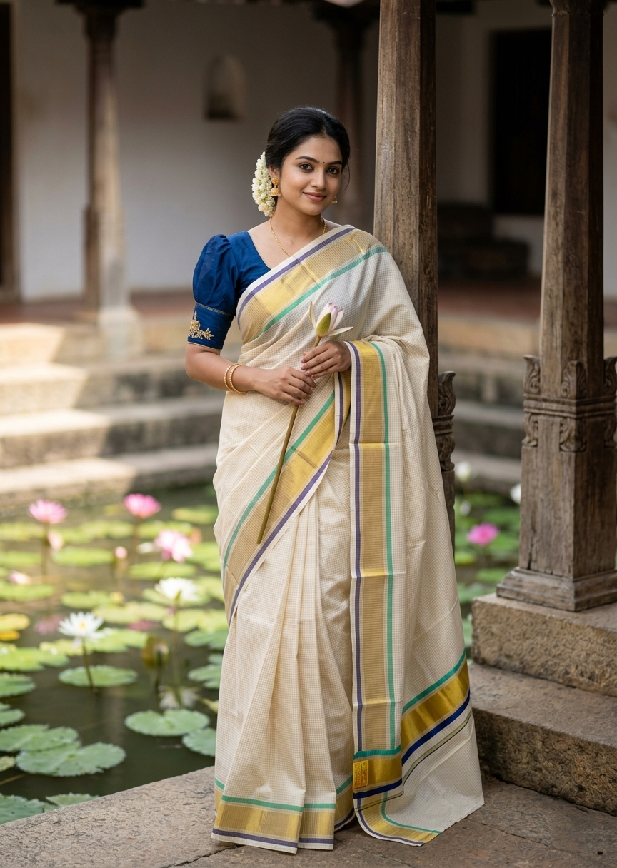 Southloom Kerala Cotton Kasavu Saree with Micro Check Design on Body in Turquoise And Blue Border SL451
