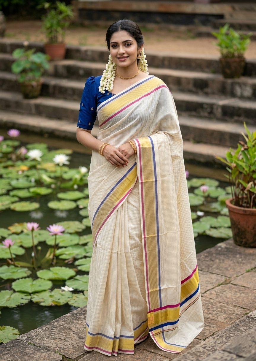 Southloom Kerala Cotton Kasavu Saree with Micro Check Design on Body in Magenta And Blue Border SL447
