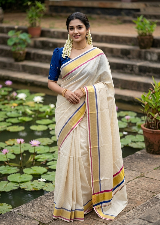 Southloom Kerala Cotton Kasavu Saree with Micro Check Design on Body in Magenta And Blue Border SL450