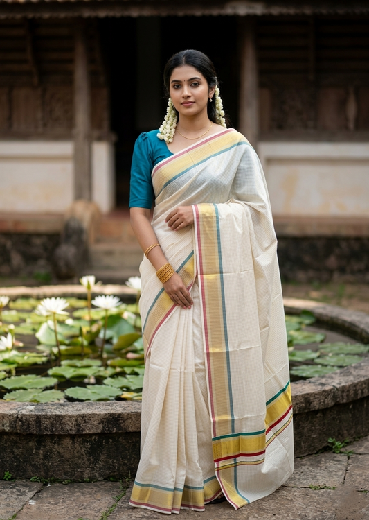 Southloom Kerala Cotton Kasavu Saree with Micro Check on Body in Red And Peacock Green Border SL450